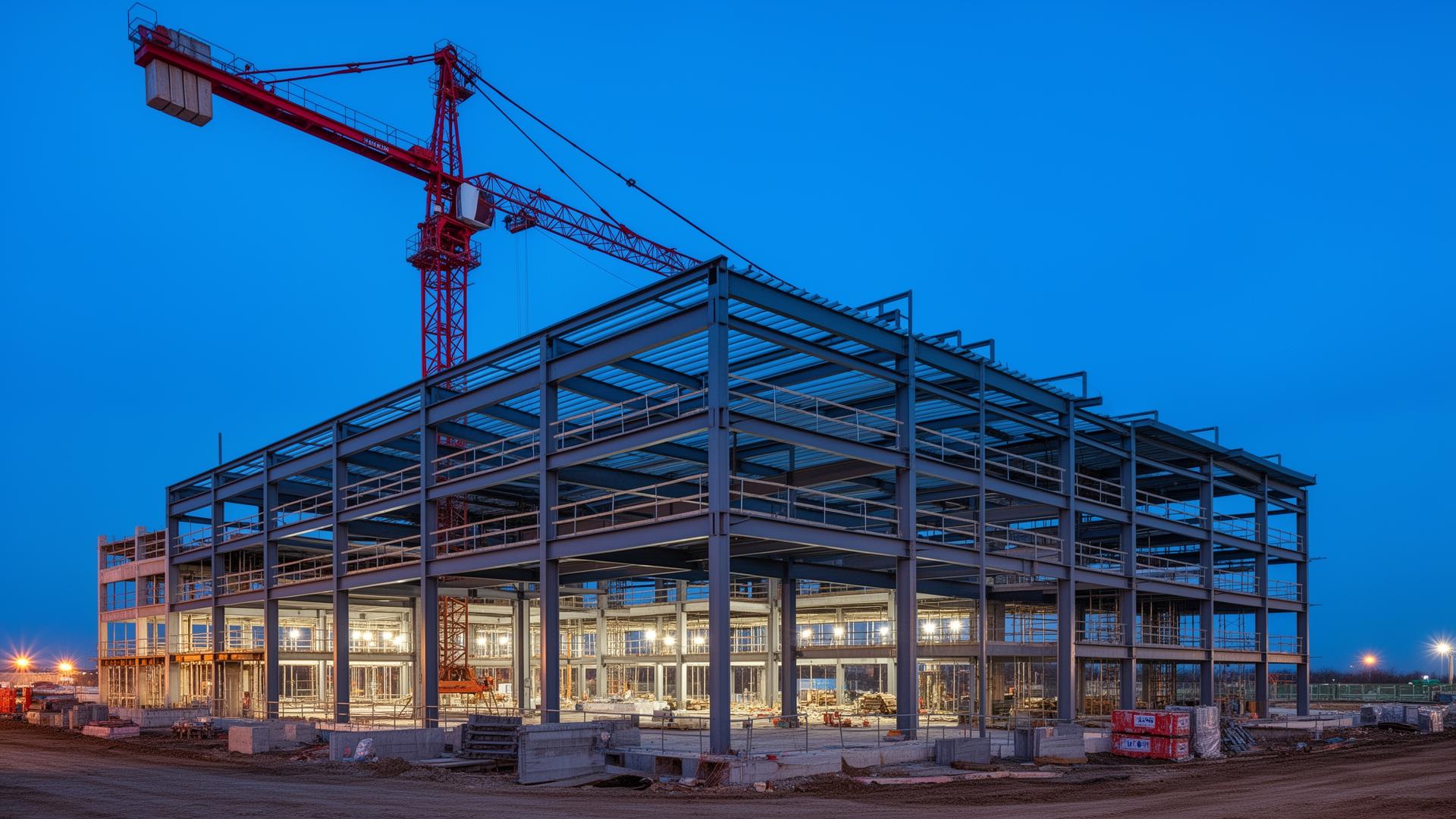 Edifício de estrutura metálica em construção ao entardecer